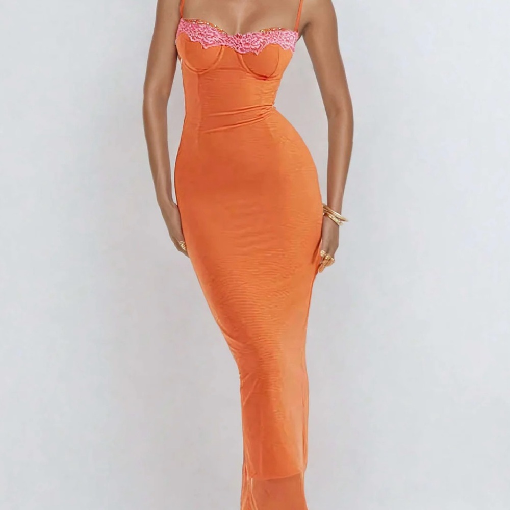 FINESSE Ayesha Orange Mesh Maxi Dress